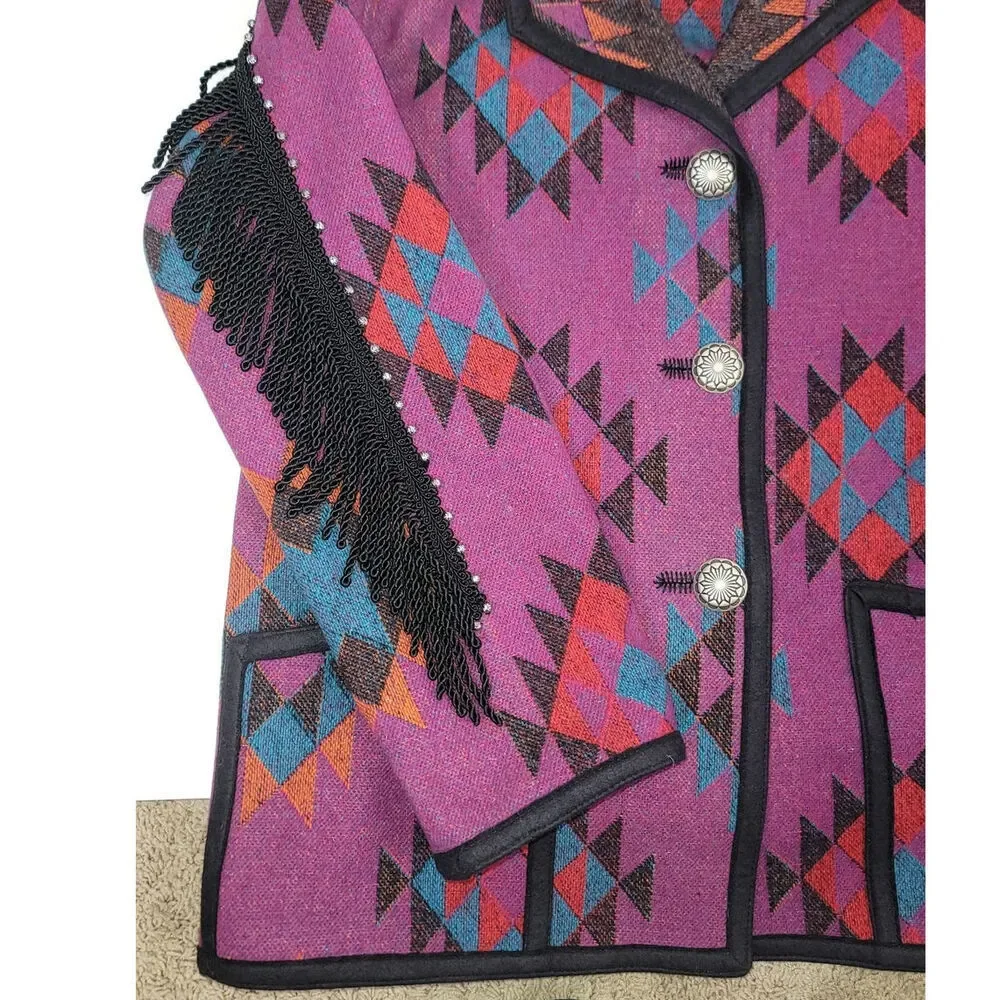 VINTAGE WOOL BLEND AZTEC PRINT BUTTON UP JACKET W FRINGE DETAIL, SZ LARGE